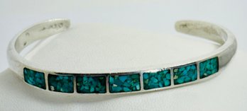 VINTAGE STERLING SILVER MOSAIC TURQUOISE INLAID CUFF BRACELET - UNSIGNED