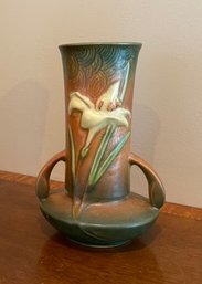 Beautiful 1940s Vintage Brown Handled Ceramic Vase With A Lily On It