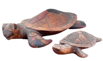 A Pairing Of Vintage Carved Wood Turtles - Indonesian