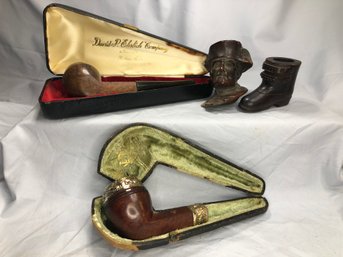 VERY INTERESTING Lot Of Four Antique Pipes - One Gold ? - Boot - Soldier Head - Burl - All Need Some TLC