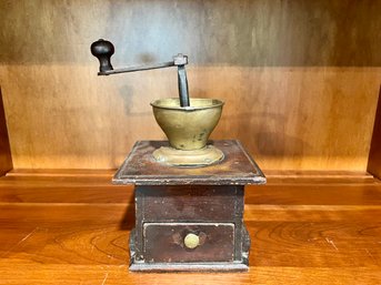 Antique Brass Coffee Grinder On Wood Base