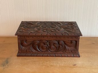Large Antique Carved Wood Box With Key