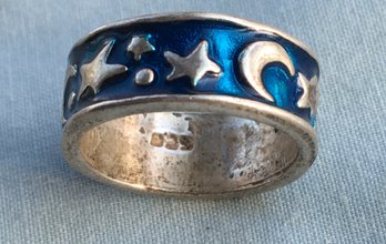 Mid Century Vintage .925 Sterling Silver Celestial Moon & Stars Ring