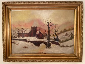 Antique Oil On Canvas Of Winter Scene With Church, Illegibly Signed  ( #23 ,2nd FL Hallway )