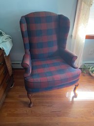 Large Navy And Red Plaid Wing Backed Chair