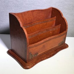 Wonderful Vintage Leather Mail Sorter By HORCHOW - Tooled Gold Inlay - Very Nice Piece - Made In Italy