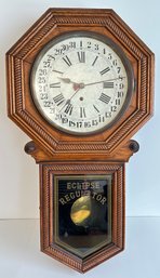 Vintage Oak School Clock, Eclipse Regulator Model By The American Wringer Company, With Key