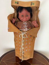 Vintage Reliable Dolls Native American Doll In Ojibwe Type Cradleboard & Beaded Buckskin Clothing