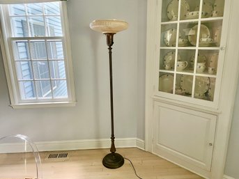 Art Deco Mutual Sunset Lamp Co. Torchiere Brass Floor Lamp With Lustre Swirl Glass Shade