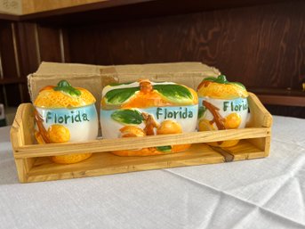 New Old Stock Florida Orange Napkin Holder, Salt & Pepper In Stand