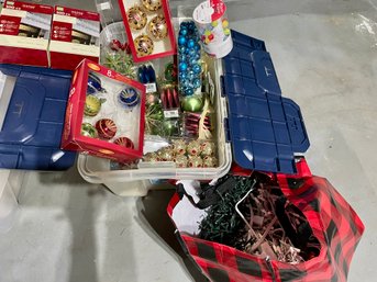 Bin Of Assorted Christmas Ornaments & Bag Of Lights. See Photos For Details