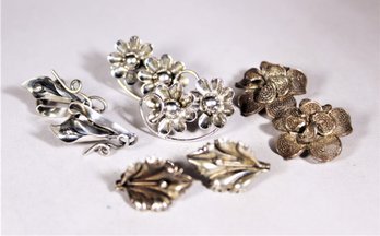 Lot Four Sterling Silver Vintage Screw Back Clip Earrings Floral Forms