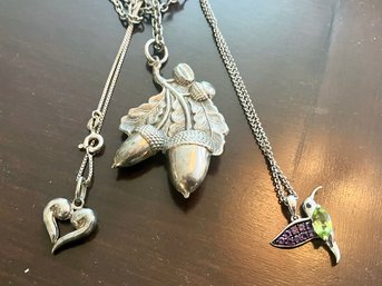 A Trio Of Necklaces - Sterling Silver Heart, Acorns, Hummingbird