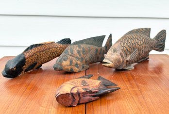 An Assortment Of Vintage Carved Wood Fish - Indonesian