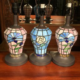 Lot Of Three (3) Leaded Glass Lamps - Two Pink - One Blue - No Shades - Very Nice Lamps - Three For One Bid !