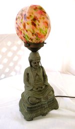 Vintage Metal Buddha Table Lamp With Round Speckled Shade