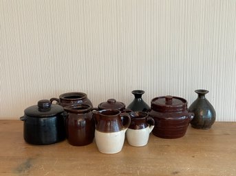 Large Lot Of Brown Pottery Stoneware Jugs Bean Pots