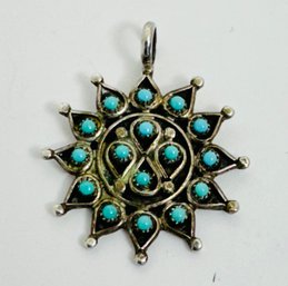 VINTAGE ZUNI NATIVE AMERICAN STERLING SILVER TURQUOISE STARBURST PENDANT