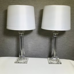 Pair Of Brand New Candlestick Style Lucite Lamps With Crisp White Drum Shades - Paid $89 Each - BRAND NEW !