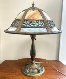 An Early 20th Century Bronze And Slag Glass Mushroom Lamp In Style Of Louis Comfort Tiffany