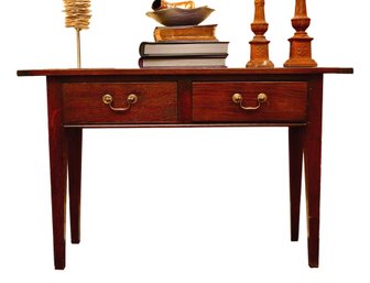 Antique Wood Console Two-Drawer Table With Tapered Legs  And Brass Hardware