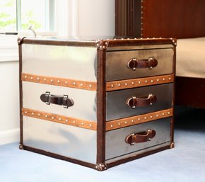 3-Drawer  Aluminum Wood  And Leather Steamer Trunk End Table