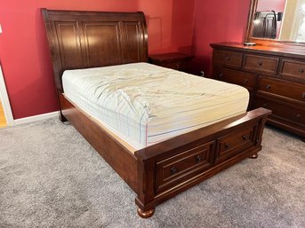 Matching Solid Wood Dark Stained Sleigh Full Size Bed Frame With Storage Drawers (Mattress Not Included)