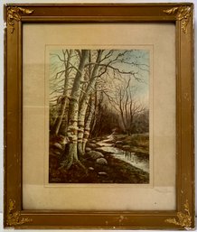 Antique 1907 Birch Trees By Stream Print - Taber Prang Art Co - 9.5 X 16.25 - Ornate Gold Frame