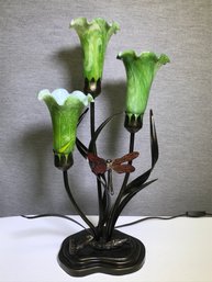 Paid $189 - Beautiful Dale Tiffany Lily Lamp - Three Art Glass Shades With Cute Butterfly - With Original Box