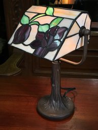 (1 Of 2) Very Nice Leaded Glass Desk Lamp - Nice Colors - Great Bronze Patina On Base - Well Made Lamp