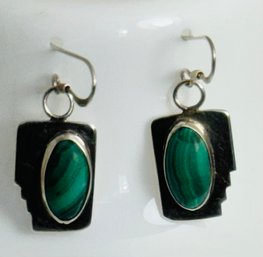 VINTAGE SIGNED CB NATIVE AMERICAN STERLING SILVER AND MALACHITE DANGLE EARRINGS