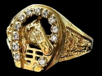 10k Gold Horse In Horse Shoe With Diamond Chips Ring