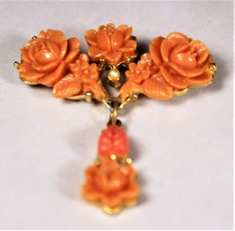 Vintage 1950s Gold Tone Faux Coral Floral Brooch