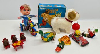 Vintage Toys: Tin Wind-up Toys, Tweety Bird, Cheerful Puppy In Original Box, Mini Three Bears Set & More