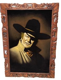 Very Large Signed John Wayne Painting On Velvet In Lovely Carved Frame
