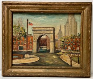 Vintage Oil On Board Painting Washington Square Park Arch - NYC - Lucille Morris - Ornate Frame 21.25 X 25.25
