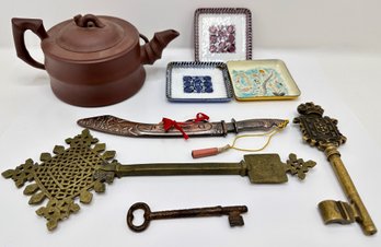 Hand Made Chinese Teapot, Enamel Trays, Ethiopian Cross, Skeleton Keys, Letter Opener & More, Mostly Vintage