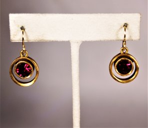 Signed Patricia Clarke Gold Tone Red Stone Pierced Earrings Drops