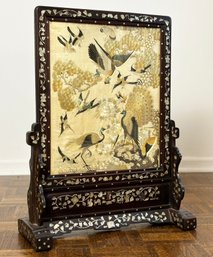 An Antique Chinese Embroidered Silk And Mother Of Pearl Inlay Table Screen - Used As Summer Fireplace Screen