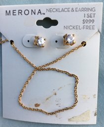 Vintage MCM Merona Gold Plated Necklace & Diamond Rhinestone Earrings Set