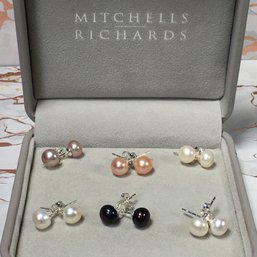 Set Of Six Pairs Genuine Cultured Baroque Multi Color Pearl Earrings With Sterling Silver / 925 Mounts - NEW !