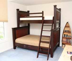 Mahogany Finish Twin And Full Size Bunk Bed With Nailhead Leather Panel And Ladder