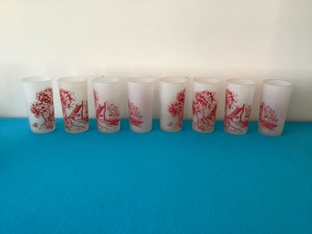 Frosted Drinking Glasses With Red Cabin Print