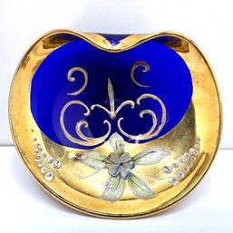 Vintage Murano Hand Painted Gold & Cobalt Glass Trinket Bowl