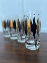 Mid Century Set Of 4 Black & Gold Diamond Highballs With Illustrations