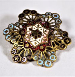 Antique Gilded Brass Enamel Rosette Form Brooch