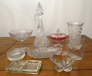 An Attractive Array Of Pressed Glass Patterned Pitchers, Decanter, Bowls, Candy Dishes & More