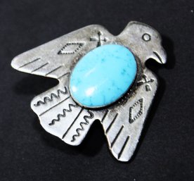 Vintage Southwestern Phoenix Bird Brooch W Turquoise Stone Silver Tone