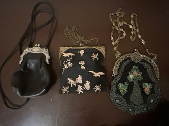 Lot Of 3 Antique Bags For Formal Events Including Silk, Leather & Beaded