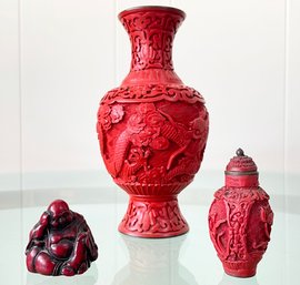 Vintage Cinnabar Vessels And A Carved Buddah